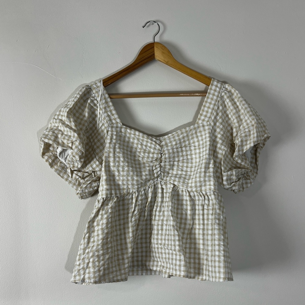 Old Navy Checkered Puff Sleeve Crop Top - Cream and Gray